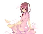  1girl absurdres alice_(nh2) animal_ears barefoot brown_hair colored dress grass highres inaba_tewi pink_dress rabbit rabbit_ears red_eyes short_hair simple_background sitting solo tail touhou white_background 