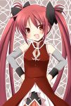  1girl alternate_hairstyle bare_shoulders blush bow detached_sleeves dress fang hair_bow hands_on_hips looking_at_viewer magical_girl mahou_shoujo_madoka_magica open_mouth otoneha red_dress red_eyes redhead sakura_kyouko soul_gem twintails 