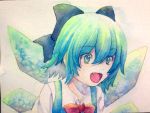  1girl blue_eyes blue_hair bow cirno hair_bow highres ice ice_wings solo touhou traditional_media watercolor_(medium) wings yuyu_(00365676) 