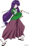  blue_eyes female flip-flops kamishiro_rin katana kimono long_hair maburaho magic ponytail purple_eyes purple_hair samurai sandals swordwoman 