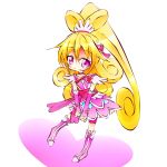  1girl aida_mana arm_warmers bike_shorts blonde_hair boots chibi choker cure_heart dokidoki!_precure half_updo highres long_hair magical_girl minami_uri pink_eyes ponytail precure shorts_under_skirt skirt smile solo v_arms 