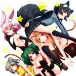  5girls adjusting_glasses animal_ears anklet back bare_shoulders bikini black_hair blue_eyes blush breasts brown_hair cat_ears cat_tail china_dress chinese_clothes cleavage cross dress elbow_gloves glasses gloves green_hair grey_hair hair_ornament hairclip highres horns jewelry large_breasts long_hair long_sleeves looking_at_viewer multiple_girls open_mouth original panties pink_hair rabbit_ears red_eyes short_hair skirt star swimsuit tail thigh-highs tiger_print underwear upskirt yellow_eyes 
