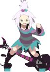  1girl bass_guitar blue_eyes boots clenched_hand dress freckles guitar gym_leader hair_bobbles hair_ornament homika_(pokemon) instrument minidress open_mouth pokemon pokemon_(game) pokemon_bw2 short_hair simple_background smile solo striped striped_dress topknot white_background white_hair 