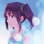  1girl brown_eyes brown_hair hair_ornament idolmaster idolmaster_cinderella_girls jumping_dogeza light_particles lips ogata_chieri short_hair short_twintails solo twintails wet_hair 
