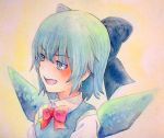  1girl absurdres blue_eyes blue_hair bow cirno hair_bow highres ice ice_wings smirk solo touhou traditional_media watercolor_(medium) wings yuyu_(00365676) 