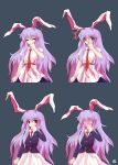  1girl alphes_(style) animal_ears blouse blush closed_eyes full-face_blush grey_background hand_to_mouth highres jacket kaoru_(gensou_yuugen-an) lavender_hair long_hair looking_at_viewer necktie no_eyes open_mouth parody pose rabbit_ears red_eyes reisen_udongein_inaba shirt short_sleeves simple_background skirt style_parody surprised tears touhou very_long_hair 
