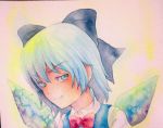  1girl blue_eyes blue_hair bow cirno hair_bow highres ice ice_wings smirk solo touhou traditional_media watercolor_(medium) wings yuyu_(00365676) 