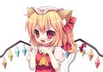  1girl :d absurdres animal_ears ascot blonde_hair blush bust cat_ears cat_tail face flandre_scarlet hat highres kemonomimi_mode looking_at_viewer open_mouth paw_pose red_eyes short_hair side_ponytail simple_background smile solo swami tail touhou white_background wings 