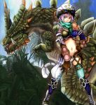  1girl animal_ears armor cat_ears detached_sleeves fangs gloves goggles green_eyes hat houhokekyo leaf midriff monster_hunter purple_hair scale 