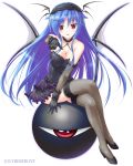  1girl :d black_legwear blue_hair breasts cleavage demon_wings dress dungeon_&amp;_valkyrie elbow_gloves fishnet_gloves fishnet_legwear fishnets gloves lace lace-trimmed_thighhighs mini_wings open_mouth pointing pointing_at_viewer red_eyes sakaki_maki smile tagme thigh-highs wings 
