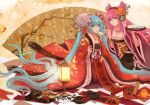  2girls aqua_eyes aqua_hair blue_eyes bracelet breasts calligraphy_brush chopsticks cleavage flower food hair_flower hair_ornament hatsune_miku jewelry lantern long_hair megurine_luka multiple_girls necklace paintbrush pink_hair teddy_yang tray twintails very_long_hair vocaloid 