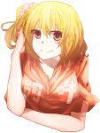  1girl blonde_hair kagerou_project kisaragi_attention_(vocaloid) kisaragi_momo looking_at_viewer red_eyes side_ponytail sionn37316 smile 