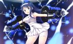  1girl black_gloves blue_eyes blue_hair blush breasts futaba_aoi_(vividred_operation) gloves hairband long_hair looking_at_viewer outstretched_arms skirt sleeveless solo vividred_operation yuurei_yashiki 
