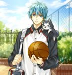  1boy bag basketball blue_eyes blue_hair bookbag dog kaga kuroko_no_basuke kuroko_tetsuya letterman_jacket puppy signature solo 