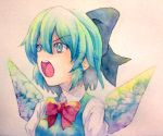  1girl blue_eyes blue_hair bow cirno hair_bow highres ice ice_wings solo touhou traditional_media watercolor_(medium) wings yuyu_(00365676) 