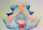  1girl arms_up blue_eyes blue_hair bow cirno hair_bow highres ice ice_wings solo touhou traditional_media watercolor_(medium) wings wink x_arms yuyu_(00365676) 