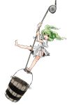  1girl bare_legs barefoot bucket climbing green_hair japanese_clothes kimono kisume kitayuki_kajika looking_at_viewer open_mouth outstretched_leg red_eyes rope side_slit simple_background solo standing_on_one_leg swinging touhou twintails white_background yukata 