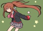  1girl ahoge baseball bell blush bow green_background hair_ornament jiang-ge little_busters!! long_hair long_sleeves natsume_rin open_mouth plaid plaid_skirt ponytail red_eyes school_uniform simple_background skirt solo star 