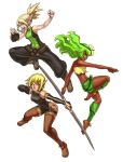  3girls abs amalia_sheran_sharm animoose arrow baggy_pants bandeau barefoot belt bodysuit boots bow_(weapon) braid brown_eyes clenched_hands clothed_navel cra dark_skin earrings elf evangelyne flower greaves green_eyes green_hair hair_flower hair_ornament highres jewelry long_hair midriff miniskirt multiple_girls pointy_ears ponytail sadida short_hair single_braid single_sleeve skirt sleeveless small_breasts thigh-highs thigh_boots time_paradox toned wakfu weapon 