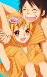  1boy 1girl age_regression brown_eyes child glasses monkey_d_luffy nami one_piece one_piece_film_z orange_hair oversized_clothes smile sunglasses young 
