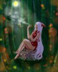  1girl bamboo bamboo_forest bare_legs blurry bokeh chinese_clothes crossed_legs depth_of_field dress forest fujiwara_no_mokou grass long_hair moon nature night pipe red_dress red_shoes shoes short_dress side_slit sijimaism sitting smoke smoking solo touhou very_long_hair 