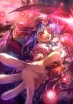  1girl bat_wings fangs hat misaki_(kyal_001) motion_blur open_mouth outstretched_arms purple_hair red_eyes remilia_scarlet sharp_teeth short_hair solo spear_the_gungnir touhou wings wrist_cuffs 