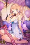  balloon bangs bare_shoulders barefoot blonde_hair blue_eyes bow breasts chocolate cleavage cocorip collarbone cupcake earrings frills grin jewelry licking long_hair lowres open_mouth pajamas ribbon rose_pacifica sitting smile strap_slip striped swept_bangs sword_girls wariza 