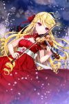  ahoge bangs blonde_hair breasts cinia_pacifica cleavage cocoon_(loveririn) detached_collar dress drill_hair flower hair_ribbon instrument long_hair lowres night outdoors pink_eyes pleated_dress ribbon rose smile snow swept_bangs sword_girls very_long_hair violin 