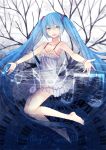  1girl barefoot blue_eyes blue_hair bracelet cuivre dress hatsune_miku jewelry last_night_good_night_(vocaloid) long_hair musical_note open_mouth outstretched_arms piano_keys solo title_drop tree twintails very_long_hair vocaloid 