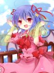  1girl 3535carrot ahoge ascot bat_wings blouse blue_hair blue_sky blush bow brooch clouds fang flower hair_ribbon hands_up jewelry looking_at_viewer no_hat no_headwear open_mouth petals puffy_short_sleeves puffy_sleeves railing red_eyes remilia_scarlet ribbon shawl short_hair short_sleeves skirt sky solo touhou wings 