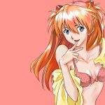  1girl blonde_hair blue_eyes bra bust chenyilei930 collarbone finger_to_mouth hair_ornament long_hair looking_at_viewer neon_genesis_evangelion off_shoulder open_clothes open_mouth open_shirt pink_background pink_bra polka_dot polka_dot_bra shikinami_asuka_langley simple_background smile solo souryuu_asuka_langley underwear 