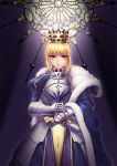  1girl armor armored_dress blonde_hair cape crown excalibur fate/stay_night fate_(series) faulds gauntlets green_eyes hands_on_hilt saber sheath sheathed short_hair solo stained_glass sword weapon yeruen 