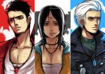  1girl 2boys bangs black_hair blue_eyes bruise bust column_lineup dante dmc:_devil_may_cry highres injury jewelry kat_(devil_may_cry) kuma_x multiple_boys necklace parted_bangs slicked_back_hair vergil white_hair 