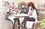  3girls :o amane_suzuha animal_ears bike_shorts boots braid brown_hair cafe cat_ears chair crossed_legs cup drill_hair faris_nyannyan female grey_eyes hair_between_eyes hand_to_chin indoors jacket labcoat legwear_under_shorts long_hair long_sleeves maid maid_headdress makise_kurisu multiple_girls necktie nyoronyoro open_mouth pantyhose pink_hair plant shorts sitting skirt steins;gate table teacup twin_braids twintails wrist_cuffs zipper 