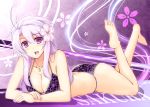  1girl ass big_ass bikini breasts cherry_blossoms cleavage huge_ass jewelry kikyou-0423 legs_up leopard_print necklace on_stomach purple_bikini purple_hair swimsuit violet_eyes 