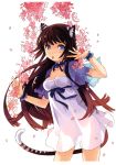  1girl absurdres animal_ears black_hair blue_eyes breasts choker cleavage collarbone cropped_jacket dress h2so4 highres long_hair mouth_hold original petals scan see-through_silhouette solo tail tiger_ears tiger_tail white_dress wrist_cuffs 