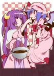  2girls ahoge alternate_hairstyle bat_wings blue_hair blush bow bowl chocolate crescent dress eichi_yuu finger_to_another&#039;s_mouth hair_bow heart long_hair multiple_girls no_hat no_headwear patchouli_knowledge pointy_ears purple_hair red_eyes remilia_scarlet short_hair smile touhou violet_eyes wings 