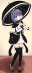  1girl alternate_costume black_legwear blue_eyes blue_hair breasts capelet cleavage dress gothic_lolita hair_ribbon hairband hestia heterochromia lolita_fashion long_sleeves red_eyes ribbon shoes short_hair smile solo tatara_kogasa thigh-highs touhou umbrella 