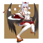  1girl animal_ears black_wings breasts detached_sleeves fangs geta gmot hat highres inubashiri_momiji large_breasts long_hair open_mouth pleated_skirt red_eyes scabbard sheath sideboob silver_hair skirt solo sword tail thigh-highs tokin_hat touhou weapon white_legwear wings wolf_ears wolf_tail 