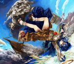  1girl blue_eyes blue_hair blue_sky brooch clouds flying himuro_(dobu_no_hotori) hood hoop jewelry kumoi_ichirin long_sleeves looking_at_viewer ship shirt skirt sky touhou unzan upside-down 