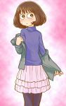  1girl :&lt; blush bob_cut brown_eyes brown_hair genshiken jacket konno_kon short_hair skirt solo sweater 