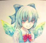  1girl blue_eyes blue_hair bow cirno grin hair_bow highres ice ice_wings smile solo touhou traditional_media watercolor_(medium) wings yuyu_(00365676) 