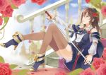  1girl bare_shoulders blue_eyes boots brown_hair detached_sleeves dress flower hairband high_heels long_hair original parted_lips retsuna shoes sitting solo stairs sword thigh-highs vines weapon 