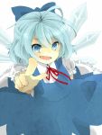  1girl ahoge aikawa_melt blue_eyes blue_hair bow cirno dress fang hair_bow highres ice ice_wings open_mouth outstretched_arm pointing ribbon short_hair simple_background smile solo touhou white_background wings 