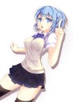  blue_hair bow breasts chestnut_mouth original paparins ponytail school_uniform short_hair skirt sweater_vest thigh-highs zettai_ryouiki 