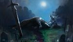  1boy armor artorias_the_abysswalker blood cape dark_souls david_semsei full_armor full_moon gauntlets graveyard great_grey_wolf_sif helmet kneeling knight male moon night night_sky plume sky sword tombstone weapon wolf 