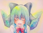  1girl blue_eyes blue_hair bow cirno closed_eyes hair_bow highres ice ice_wings open_mouth sad solo touhou traditional_media watercolor_(medium) wings yuyu_(00365676) 