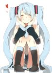  1girl blue_hair closed_eyes detached_sleeves grin hands_on_own_face hatsune_miku heart long_hair prin_dog simple_background sitting skirt smile solo twintails very_long_hair vocaloid white_background 