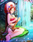  anklet bare_legs bare_shoulders barefoot blue_eyes brown_hair cherry_blossoms chinese chinese_clothes choker goddess grass hair_ornament headdress jewelry long_hair looking_at_viewer midriff nature necklace original parted_lips ring shawli sitting soaking_feet solo traditional_clothes undressing very_long_hair water waterfall watermark yokozuwari 