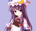  1girl :/ book capelet crescent dress hair_ribbon hat kinagi_yuu long_hair patchouli_knowledge purple_hair ribbon simple_background solo touhou violet_eyes 
